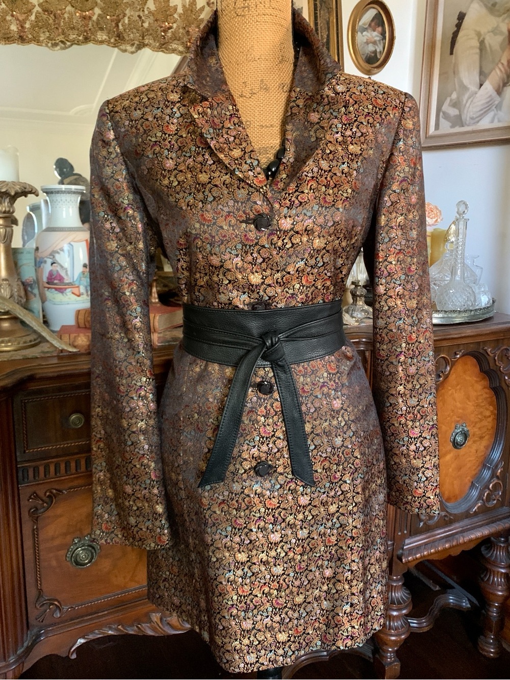 Vintage Boho Asian-inspired Silky Satin Jacket Blazer Mini Dress w shoulder pads